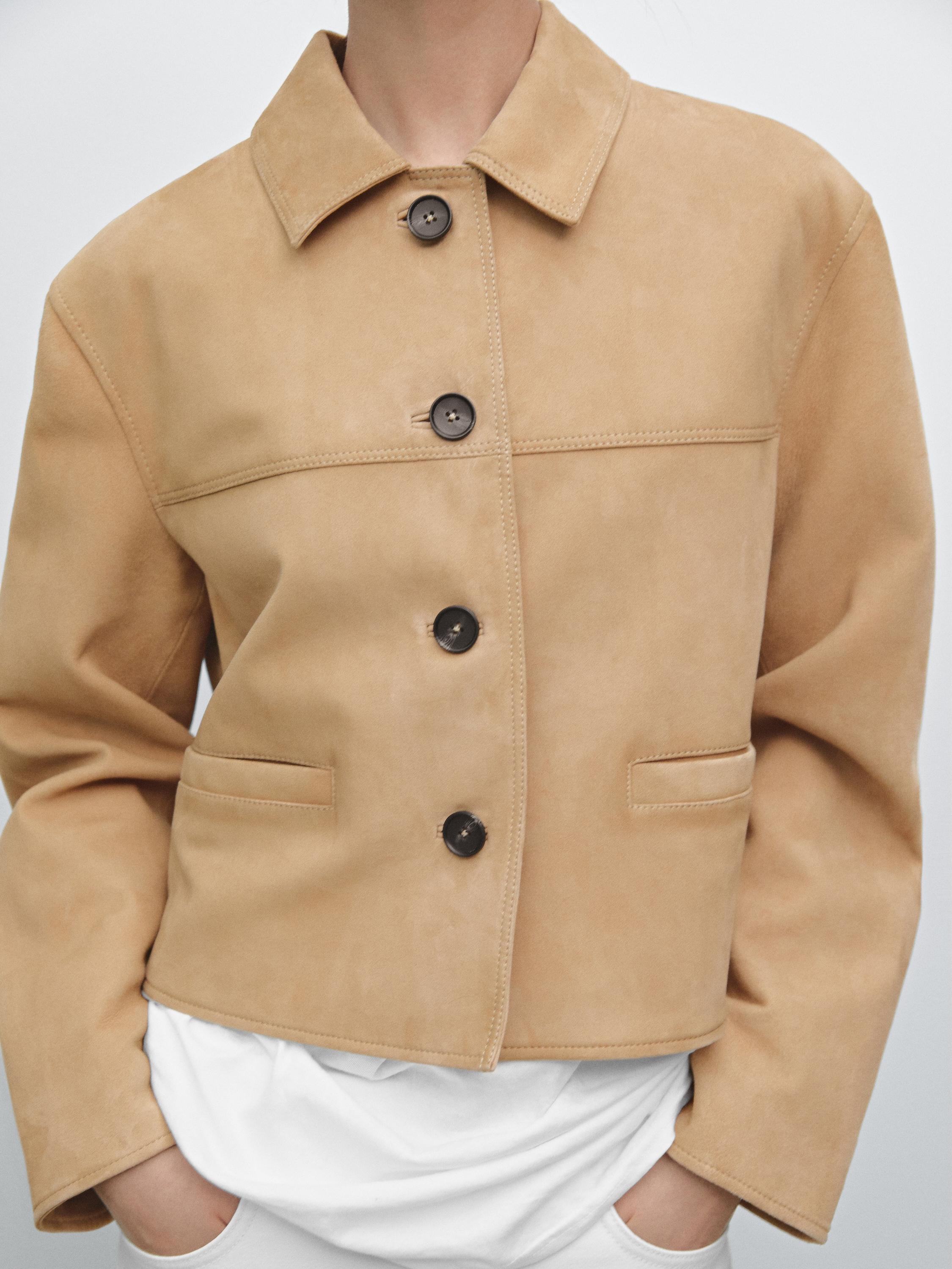 Veste courte à surpiqûres en cuir effet daim